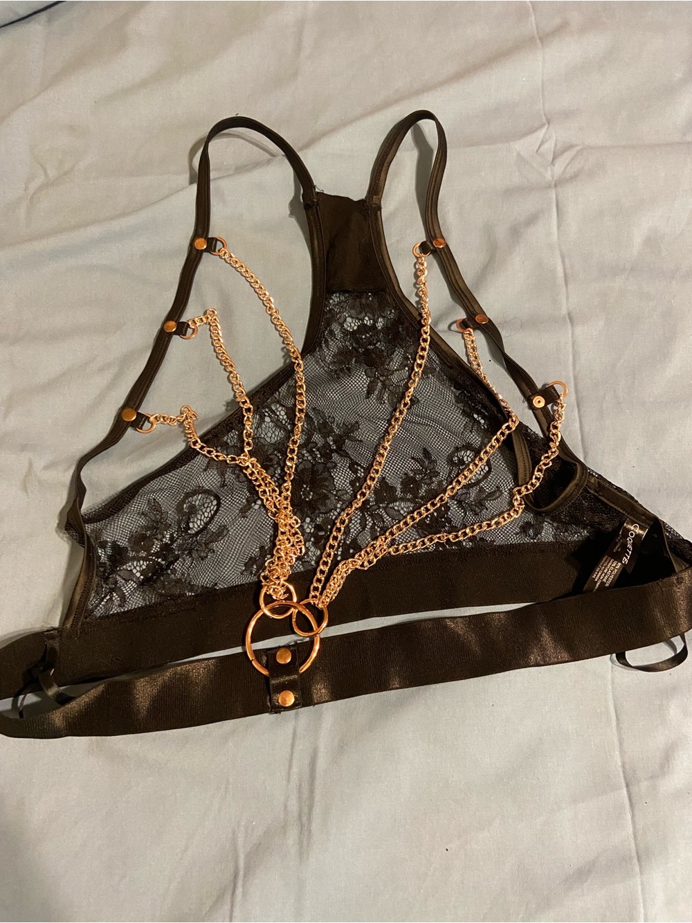 Black Lace & Gold Chain Harness Bralette